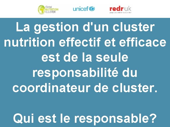 La gestion d'un cluster nutrition effectif et efficace est de la seule responsabilité du