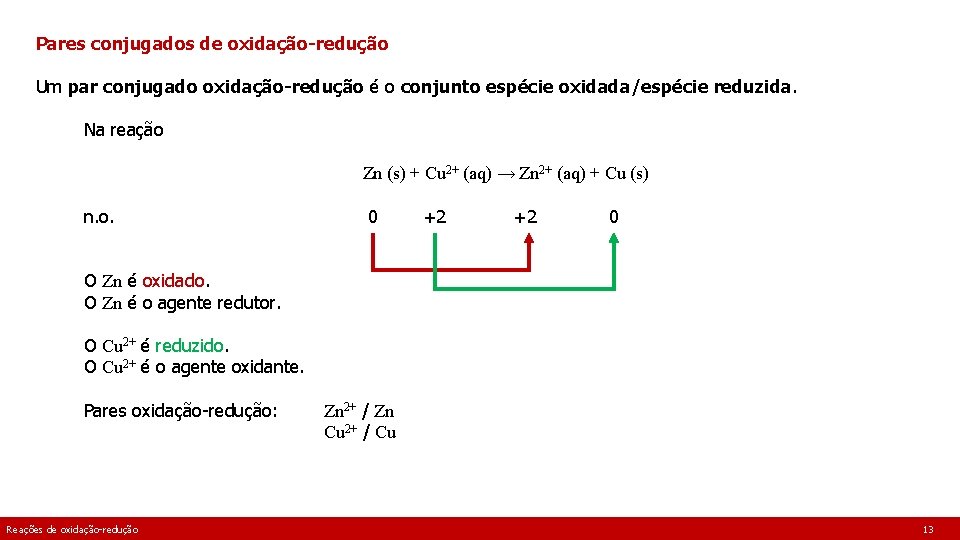 Pares conjugados de oxidação-redução Um par conjugado oxidação-redução é o conjunto espécie oxidada/espécie reduzida. Pares conjugados de oxidação-redução Um par conjugado oxidação-redução é o conjunto espécie oxidada/espécie reduzida.