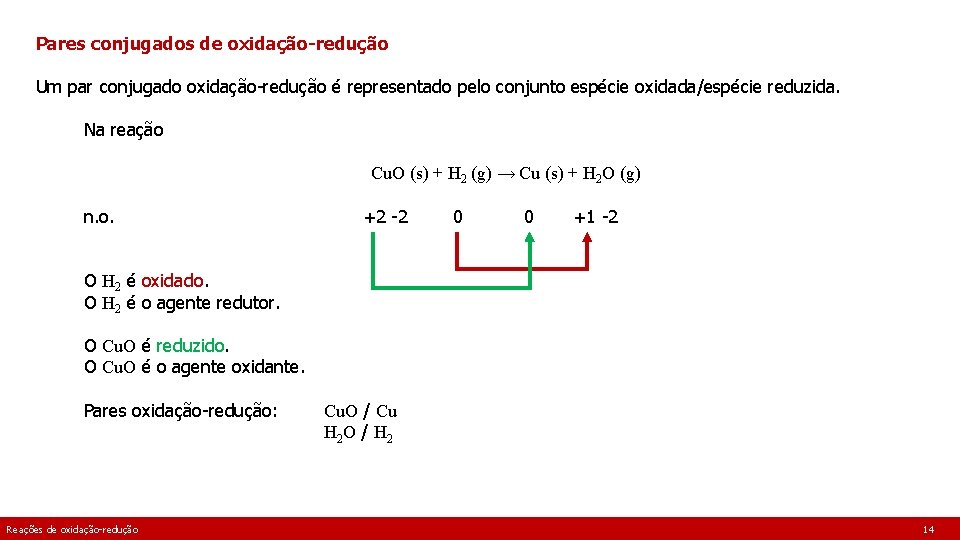 Pares conjugados de oxidação-redução Um par conjugado oxidação-redução é representado pelo conjunto espécie oxidada/espécie Pares conjugados de oxidação-redução Um par conjugado oxidação-redução é representado pelo conjunto espécie oxidada/espécie
