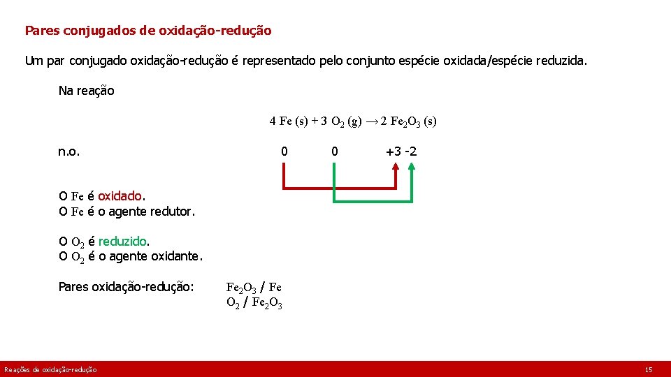 Pares conjugados de oxidação-redução Um par conjugado oxidação-redução é representado pelo conjunto espécie oxidada/espécie Pares conjugados de oxidação-redução Um par conjugado oxidação-redução é representado pelo conjunto espécie oxidada/espécie
