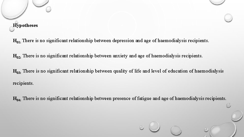 Hypotheses H 01: There is no significant relationship between depression and age of haemodialysis