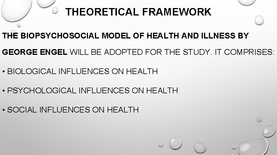 THEORETICAL FRAMEWORK THE BIOPSYCHOSOCIAL MODEL OF HEALTH AND ILLNESS BY GEORGE ENGEL WILL BE