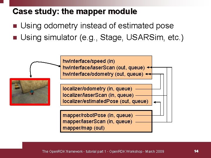 Case study: the mapper module n n Using odometry instead of estimated pose Using