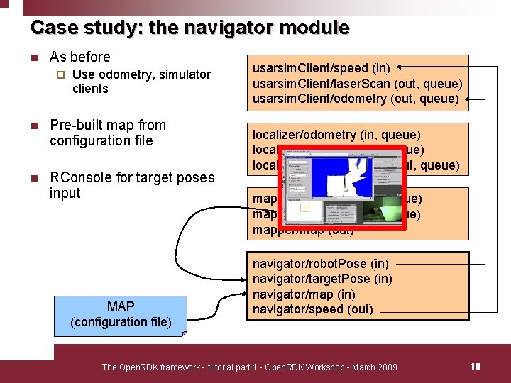Case study: the navigator module n As before ¨ Use odometry, simulator clients n