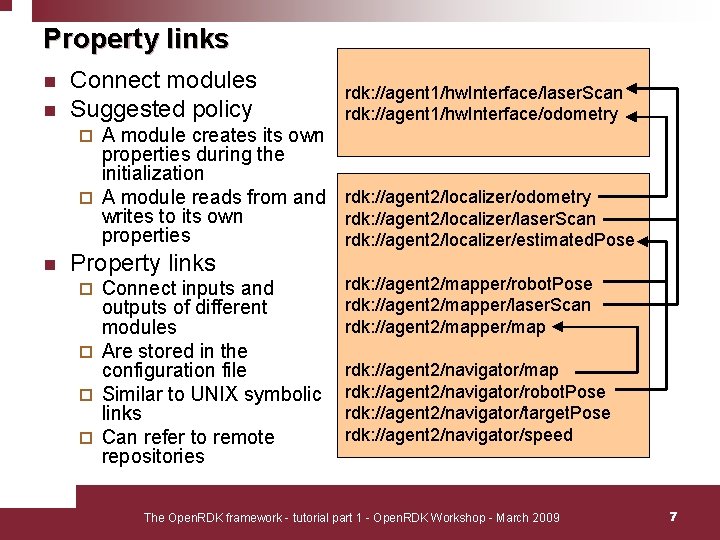 Property links n n Connect modules Suggested policy rdk: //agent 1/hw. Interface/laser. Scan rdk: