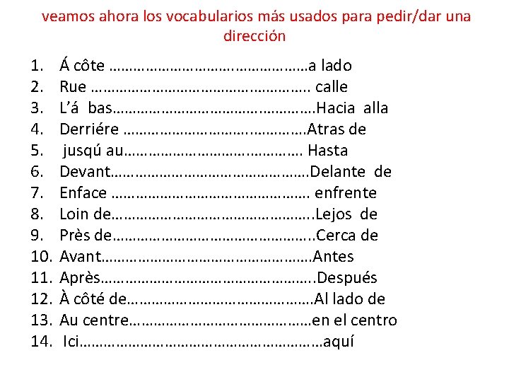 veamos ahora los vocabularios más usados para pedir/dar una dirección 1. 2. 3. 4. veamos ahora los vocabularios más usados para pedir/dar una dirección 1. 2. 3. 4.