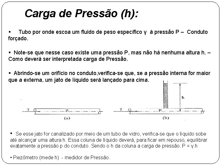 Carga de Pressão (h): § Tubo por onde escoa um fluido de peso específico