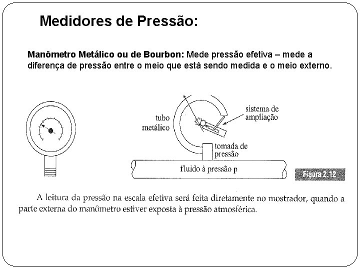 Medidores de Pressão: Manômetro Metálico ou de Bourbon: Mede pressão efetiva – mede a