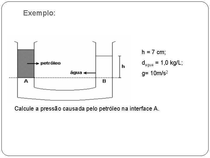 Exemplo: h = 7 cm; dagua = 1, 0 kg/L; g= 10 m/s 2
