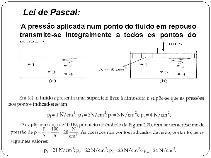 Lei de Pascal: ‘A pressão aplicada num ponto do fluido em repouso transmite-se integralmente