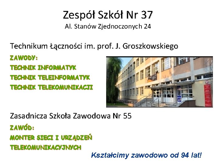Zespół Szkół Nr 37 Al. Stanów Zjednoczonych 24 Technikum Łączności im. prof. J. Groszkowskiego Zespół Szkół Nr 37 Al. Stanów Zjednoczonych 24 Technikum Łączności im. prof. J. Groszkowskiego