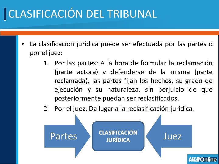 CLASIFICACIÓN DEL TRIBUNAL • La clasificación jurídica puede ser efectuada por las partes o