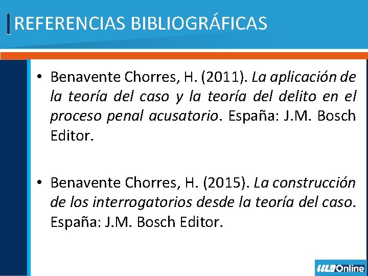 REFERENCIAS BIBLIOGRÁFICAS • Benavente Chorres, H. (2011). La aplicación de la teoría del caso