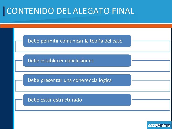 CONTENIDO DEL ALEGATO FINAL Debe permitir comunicar la teoría del caso Debe establecer conclusiones