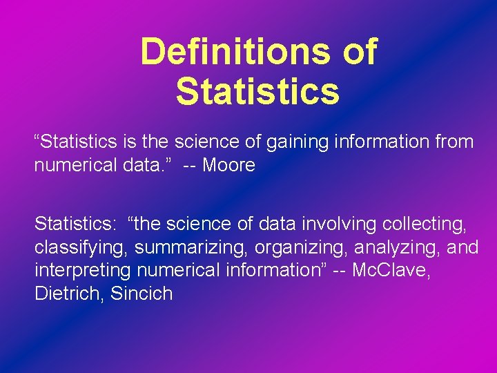 Definitions of Statistics “Statistics is the science of gaining information from numerical data. ”