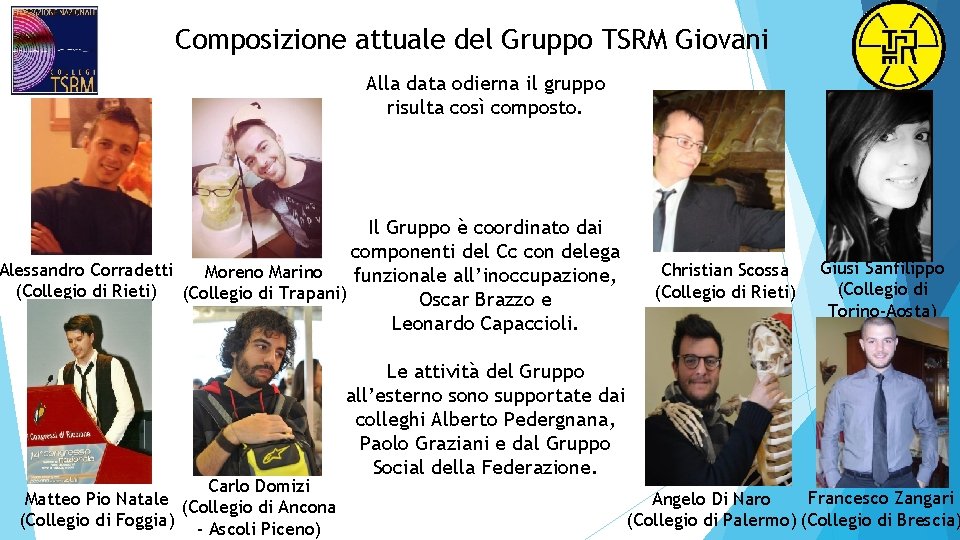 Composizione attuale del Gruppo TSRM Giovani Alla data odierna il gruppo risulta così composto.