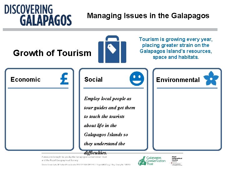 Managing Issues in the Galapagos Growth of Tourism Economic Social Employ local people as Managing Issues in the Galapagos Growth of Tourism Economic Social Employ local people as