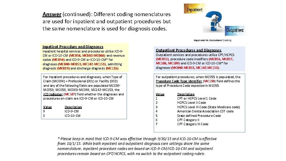 Answer (continued): Different coding nomenclatures are used for inpatient and outpatient procedures but the