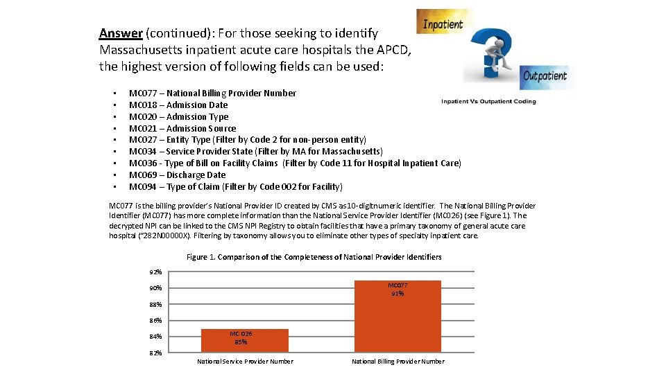 Answer (continued): For those seeking to identify Massachusetts inpatient acute care hospitals the APCD,