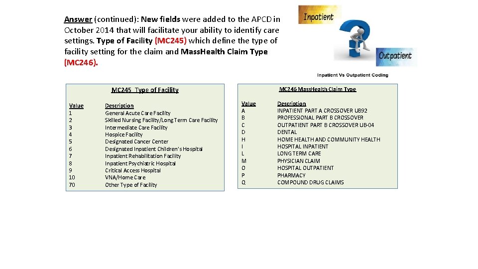 Answer (continued): New fields were added to the APCD in October 2014 that will