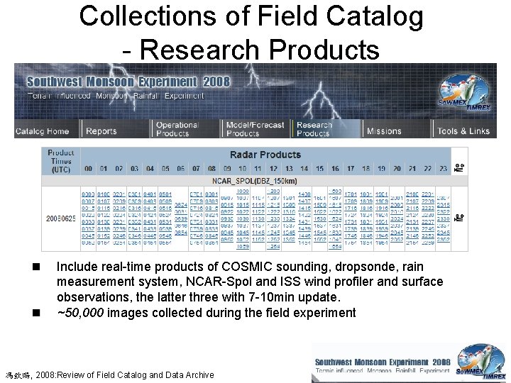 Collections of Field Catalog - Research Products n n Include real-time products of COSMIC