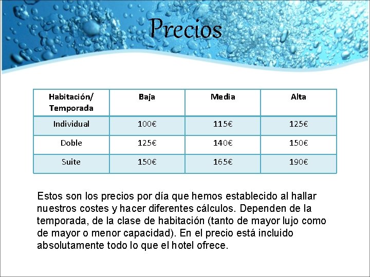 Precios Habitación/ Temporada Baja Media Alta Individual 100€ 115€ 125€ Doble 125€ 140€ 150€