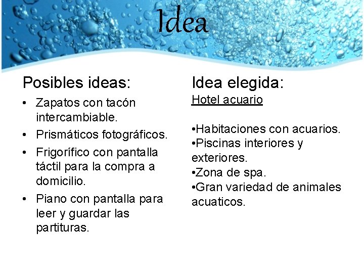 Idea Posibles ideas: Idea elegida: • Zapatos con tacón intercambiable. • Prismáticos fotográficos. •