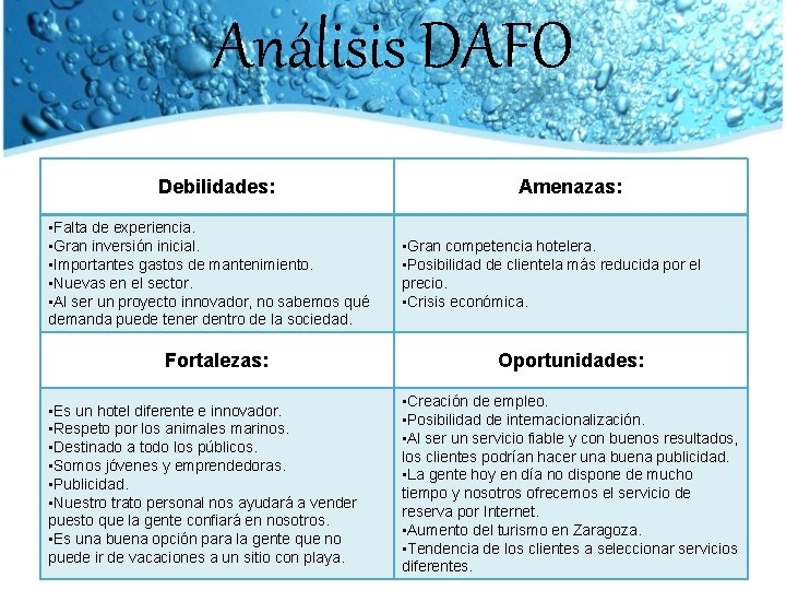 Análisis DAFO Debilidades: • Falta de experiencia. • Gran inversión inicial. • Importantes gastos