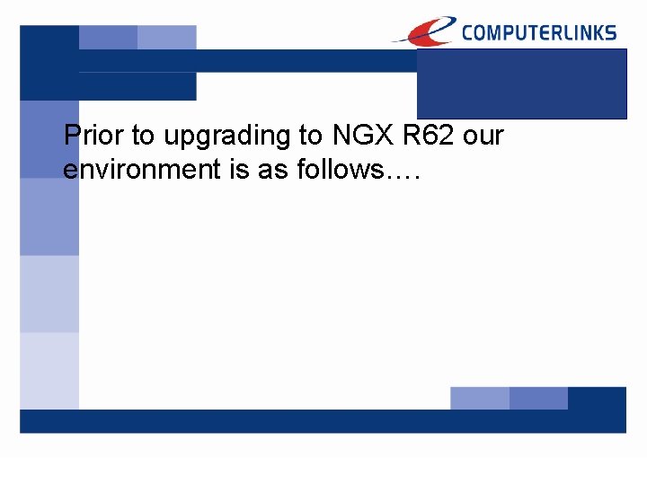 Prior to upgrading to NGX R 62 our environment is as follows…. 
