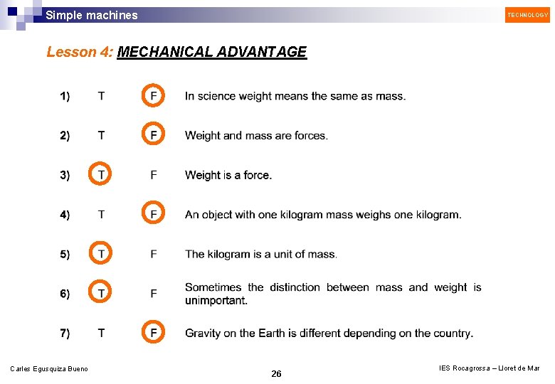 Simple machines TECHNOLOGY Lesson 4: MECHANICAL ADVANTAGE Carles Egusquiza Bueno 26 IES Rocagrossa –