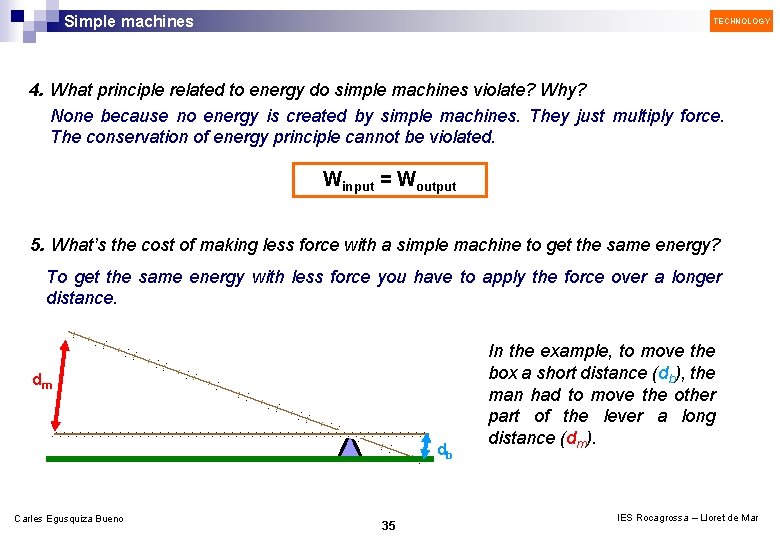 Simple machines TECHNOLOGY 4. What principle related to energy do simple machines violate? Why?