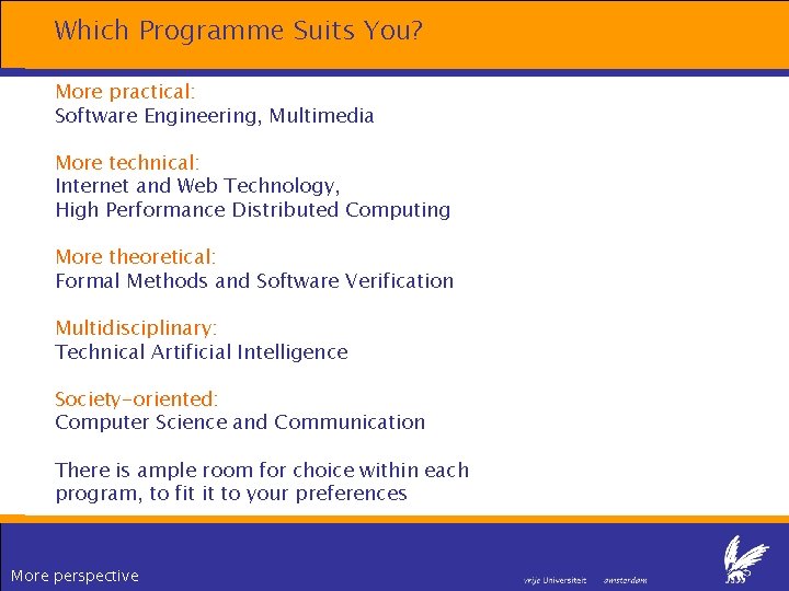 Which Programme Suits You? More practical: Software Engineering, Multimedia More technical: Internet and Web Which Programme Suits You? More practical: Software Engineering, Multimedia More technical: Internet and Web