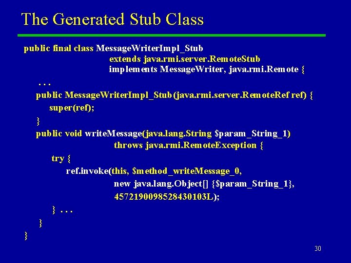 The Generated Stub Class public final class Message. Writer. Impl_Stub extends java. rmi. server.