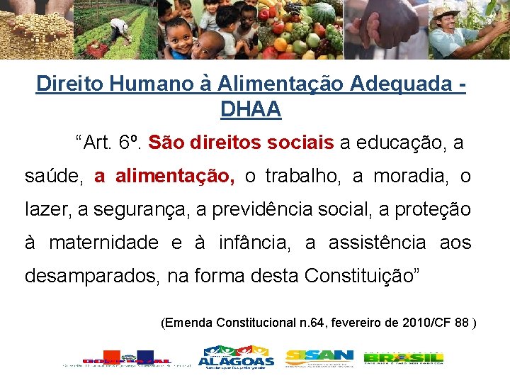 Direito Humano à Alimentação Adequada DHAA “Art. 6º. São direitos sociais a educação, a