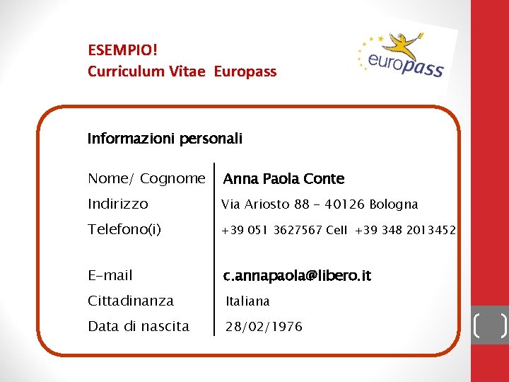 ESEMPIO! Curriculum Vitae Europass Informazioni personali Nome/ Cognome Anna Paola Conte Indirizzo Via Ariosto