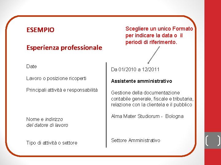 ESEMPIO Esperienza professionale Date Lavoro o posizione ricoperti Scegliere un unico Formato per indicare