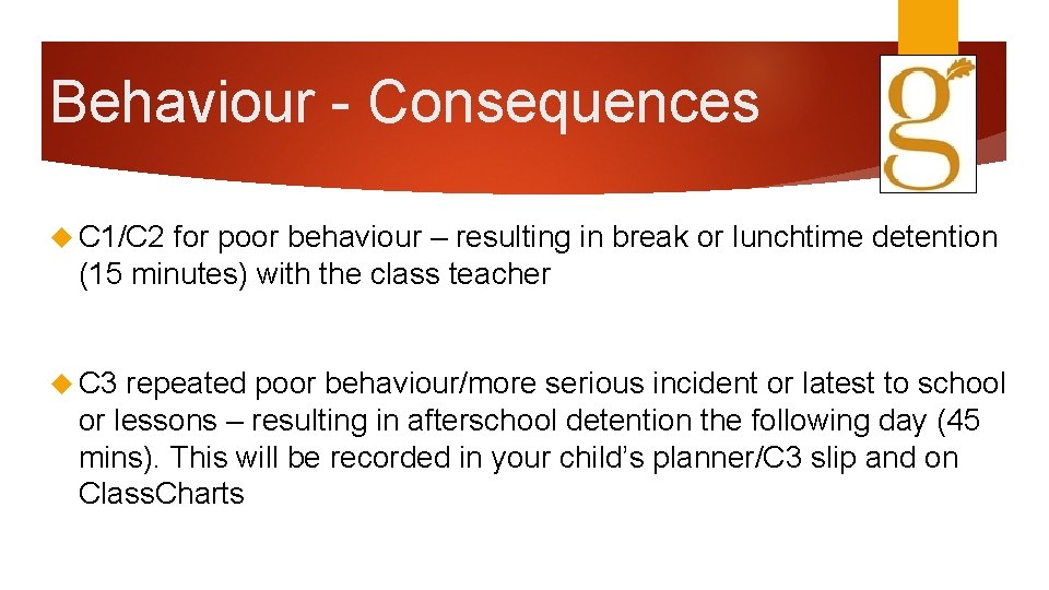 Behaviour - Consequences C 1/C 2 for poor behaviour – resulting in break or