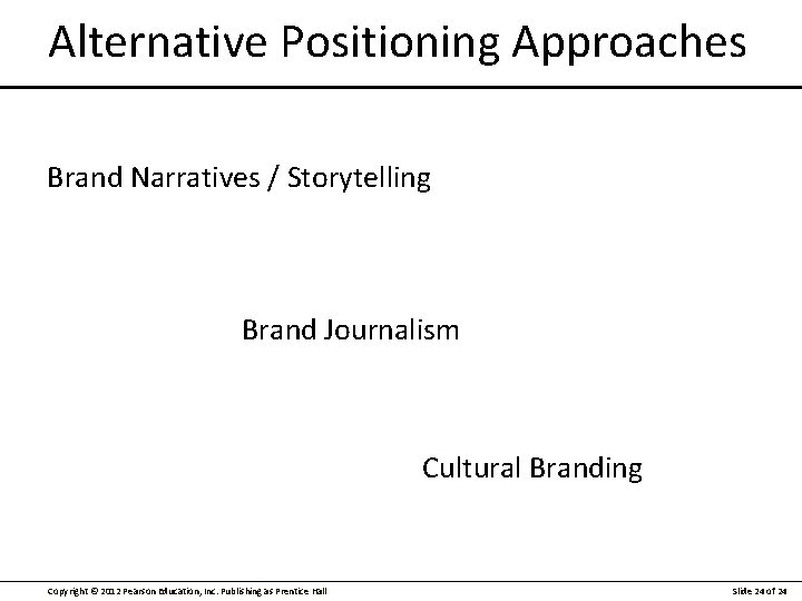 Alternative Positioning Approaches Brand Narratives / Storytelling Brand Journalism Cultural Branding Copyright © 2012