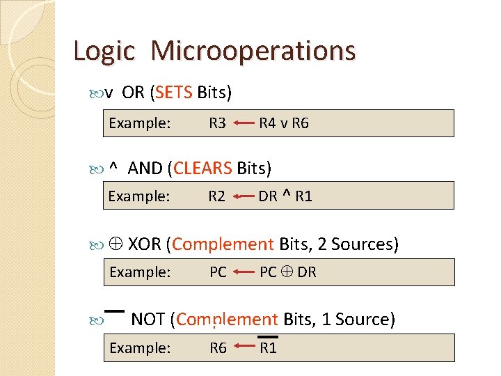 Logic Microoperations v OR (SETS Bits) Example: ^ R 3 R 4 v R