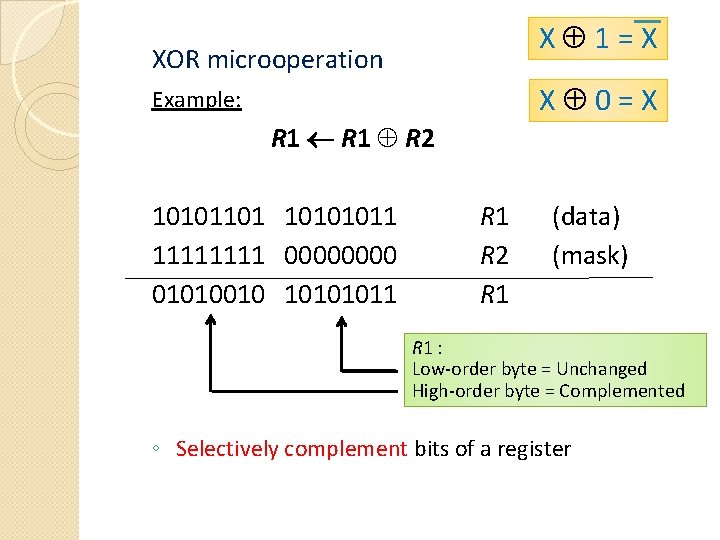 X 1=X XOR microoperation X 0=X Example: R 1 R 2 10101101 10101011 1111