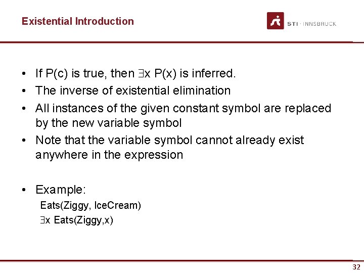 Existential Introduction • If P(c) is true, then x P(x) is inferred. • The