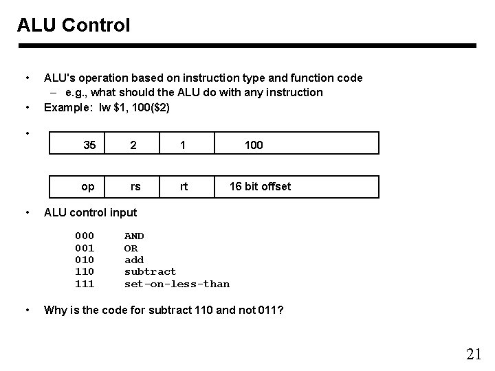 ALU Control • • ALU's operation based on instruction type and function code –