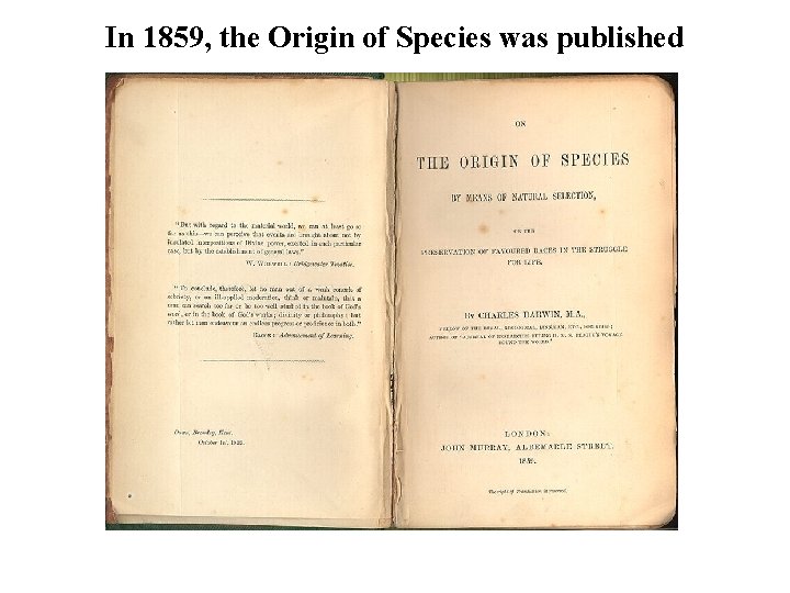 In 1859, the Origin of Species was published In 1859, the Origin of Species was published