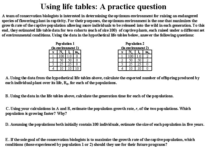 Using life tables: A practice question A team of conservation biologists is interested in Using life tables: A practice question A team of conservation biologists is interested in