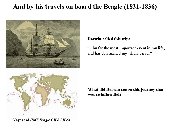 And by his travels on board the Beagle (1831 -1836) Darwin called this trip: And by his travels on board the Beagle (1831 -1836) Darwin called this trip: