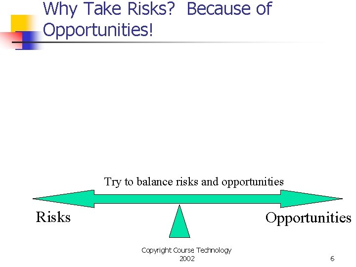 Why Take Risks? Because of Opportunities! Try to balance risks and opportunities Risks Opportunities