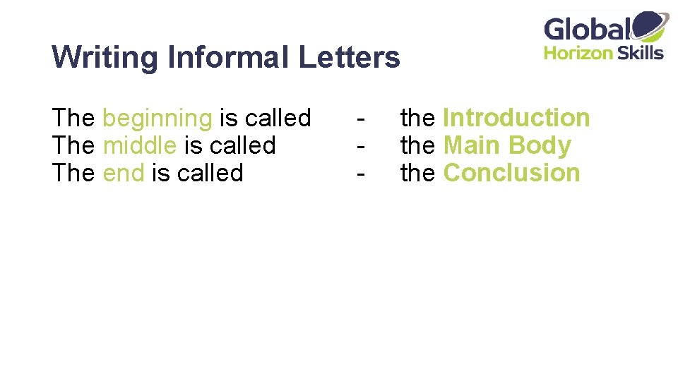 Writing Informal Letters The beginning is called The middle is called The end is