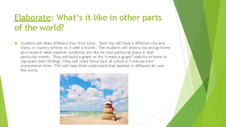 Elaborate: What’s it like in other parts of the world? Students will draw different