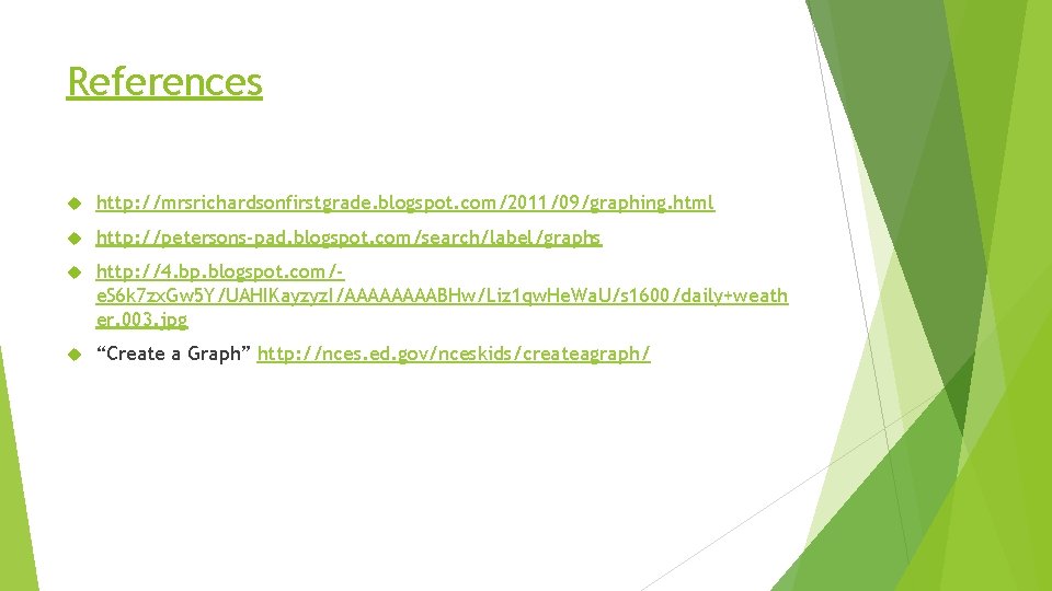 References http: //mrsrichardsonfirstgrade. blogspot. com/2011/09/graphing. html http: //petersons-pad. blogspot. com/search/label/graphs http: //4. bp. blogspot.