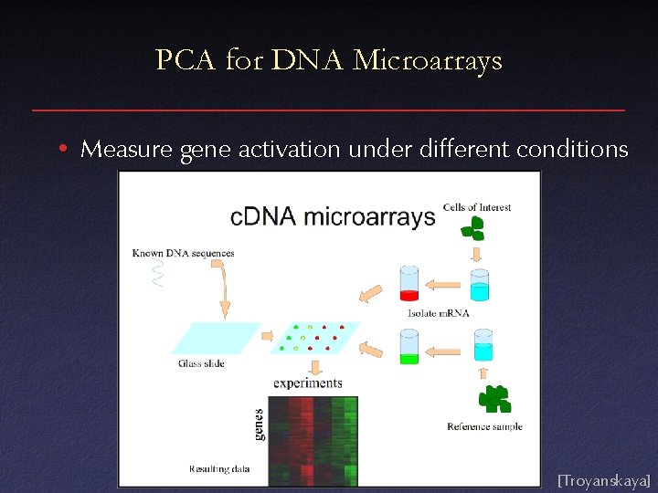 PCA for DNA Microarrays • Measure gene activation under different conditions [Troyanskaya] 